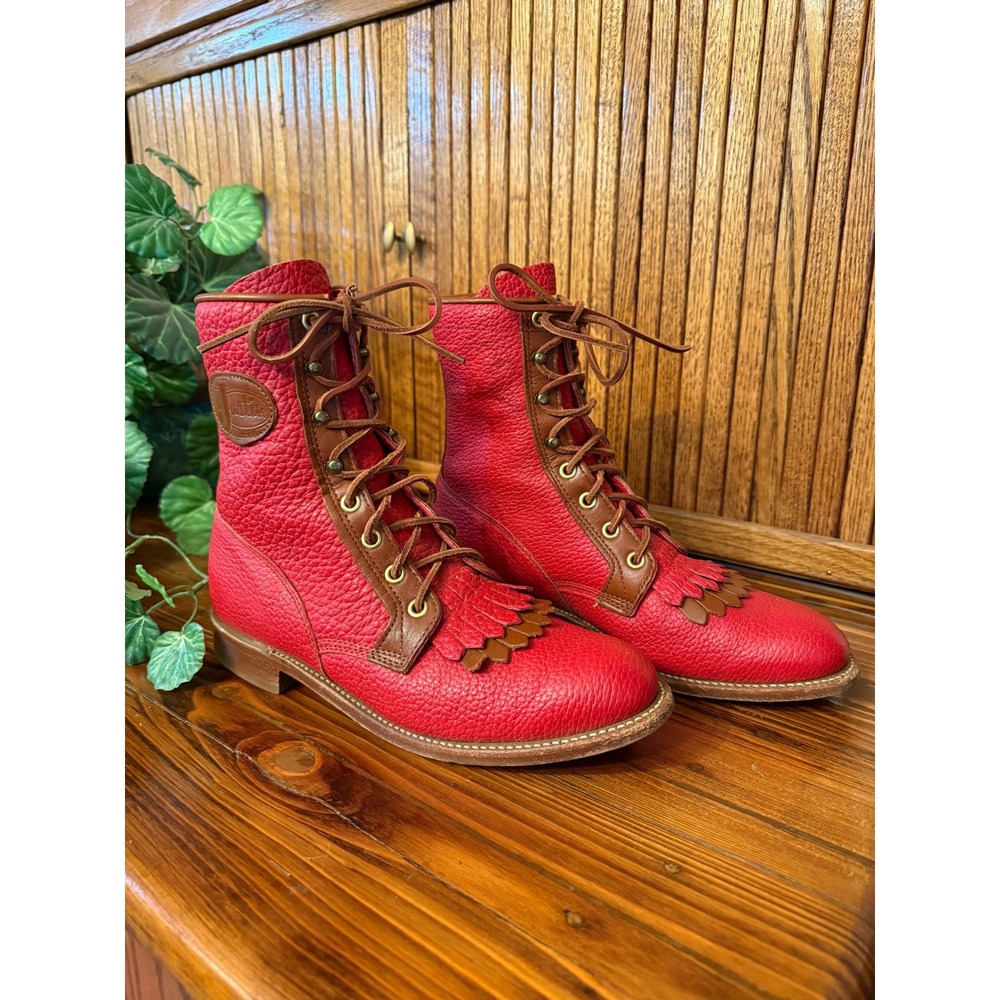 Justin Lacer Boots Womens 7 B Red Leather Excellent Vintage Kiltie L0538 USA